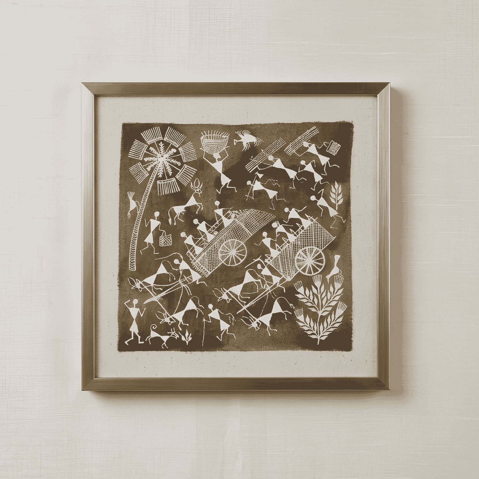 Original Handmade Warli Folk Art Painting – Traditional Bullock Cart Journey & Village Life Scene