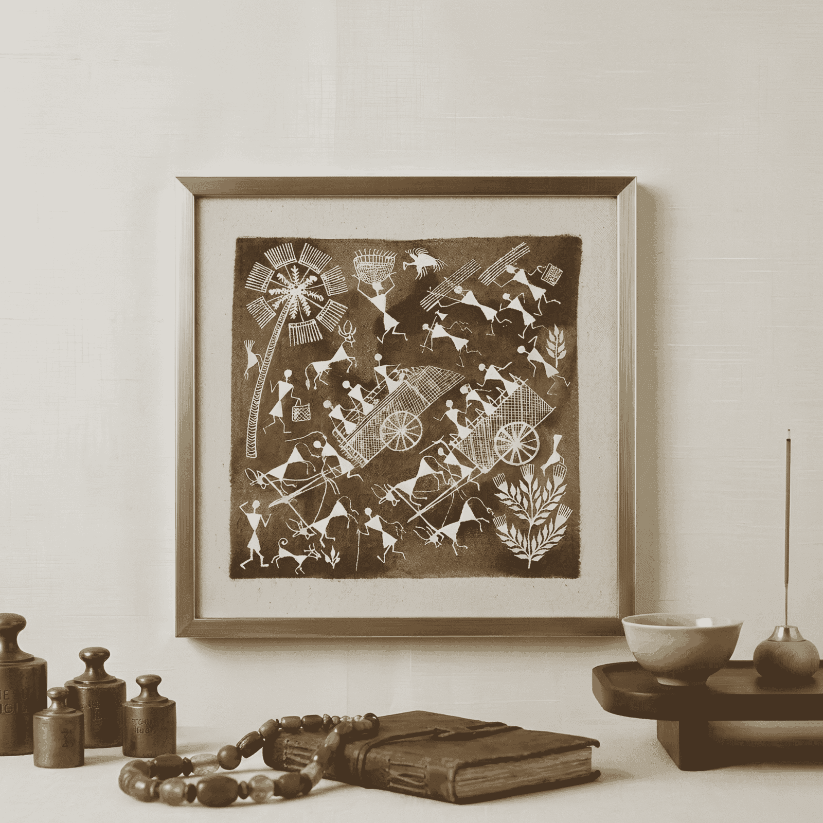 Original Handmade Warli Folk Art Painting – Traditional Bullock Cart Journey & Village Life Scene alternate view