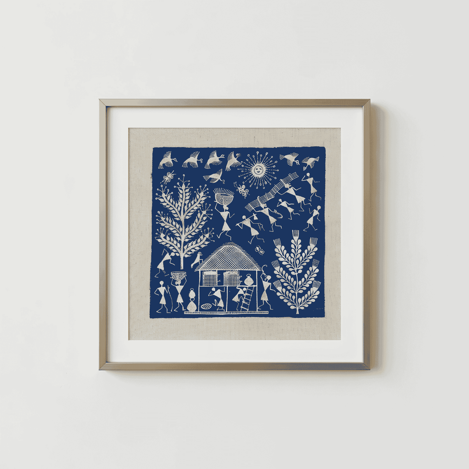 Handmade Warli Folk Art Painting – Traditional Tribal Hut, Daily Village Chores & Sun Motif Wall Decor