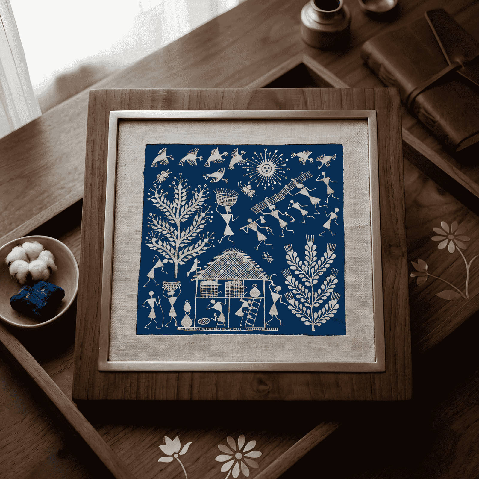 Handmade Warli Folk Art Painting – Traditional Tribal Hut, Daily Village Chores & Sun Motif Wall Decor alternate view
