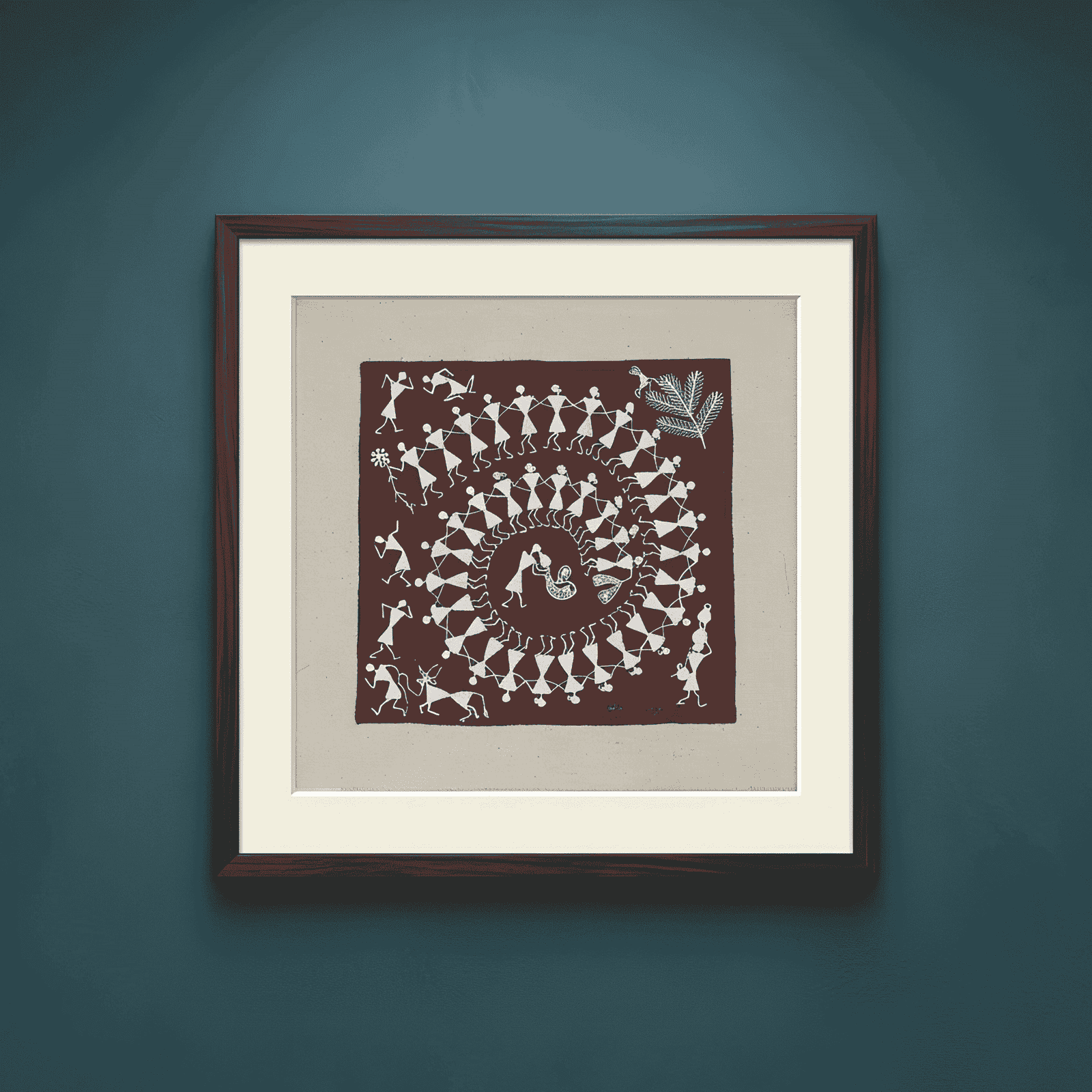 Original Handmade Warli Folk Art Painting – Sacred Tarpa Spiral Dance & Tribal Harvest Celebration