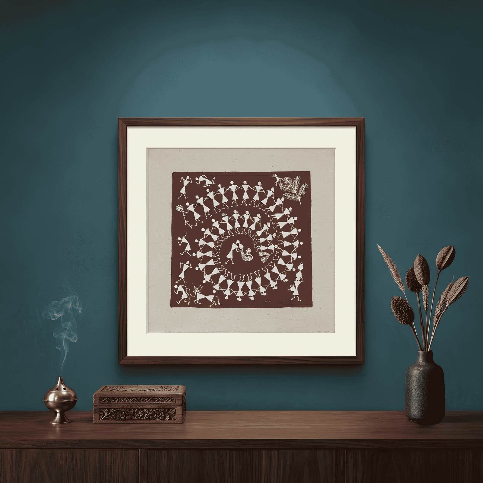 Original Handmade Warli Folk Art Painting – Sacred Tarpa Spiral Dance & Tribal Harvest Celebration alternate view