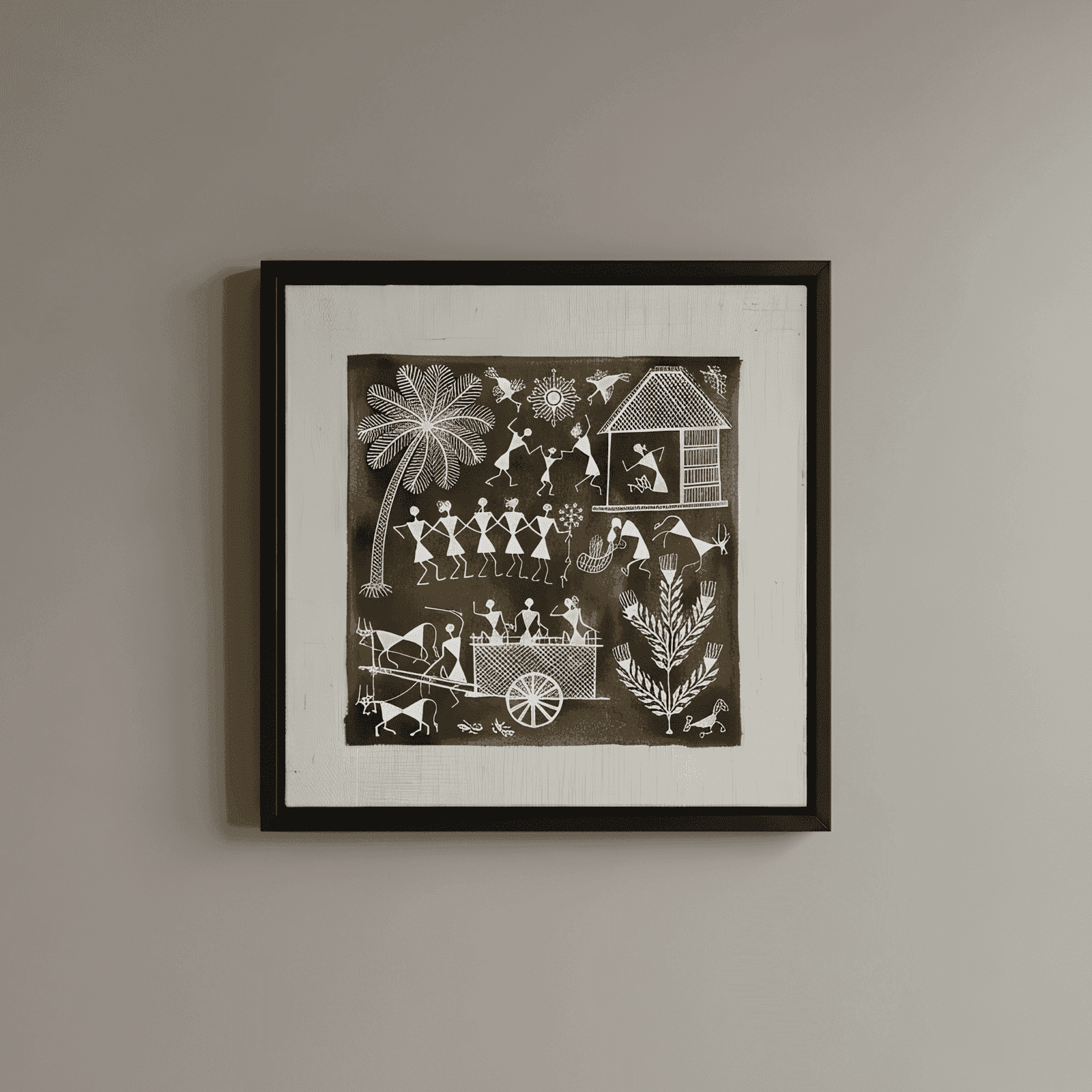 Original Handmade Warli Folk Art Painting – Tribal Village Life, Bullock Cart Journey & Tarpa Dance Celebration