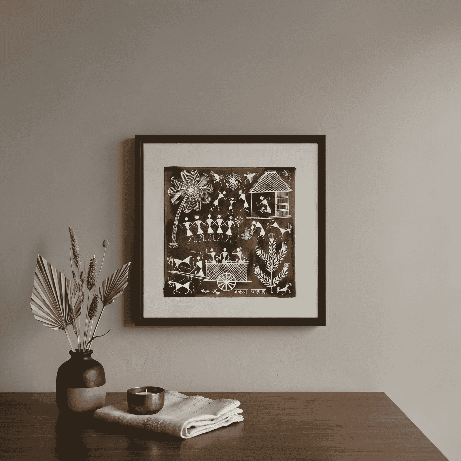 Original Handmade Warli Folk Art Painting – Tribal Village Life, Bullock Cart Journey & Tarpa Dance Celebration alternate view