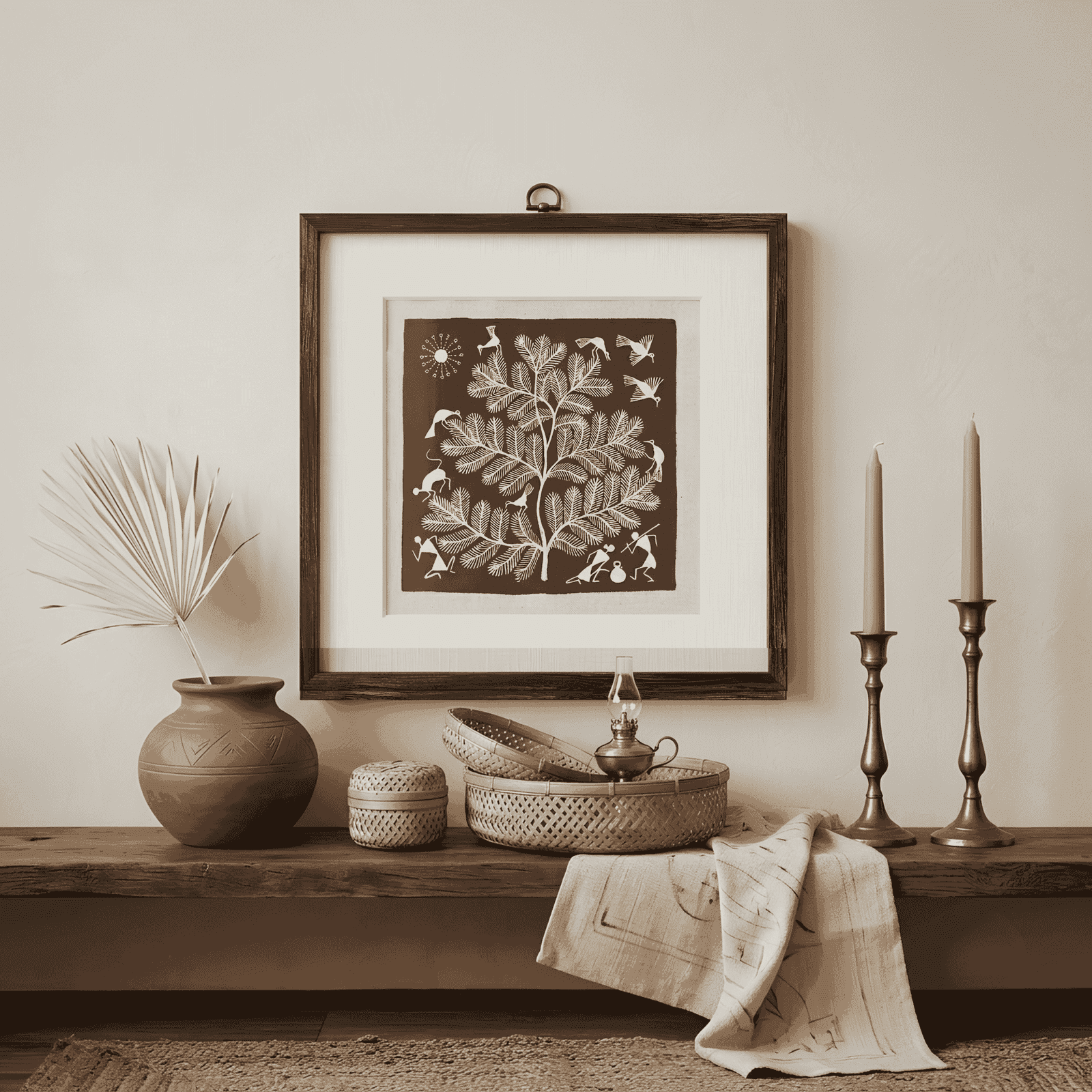 Authentic Handmade Warli Folk Art Painting – Sacred Tree of Life, Forest Wildlife & Tribal Village Scenes alternate view