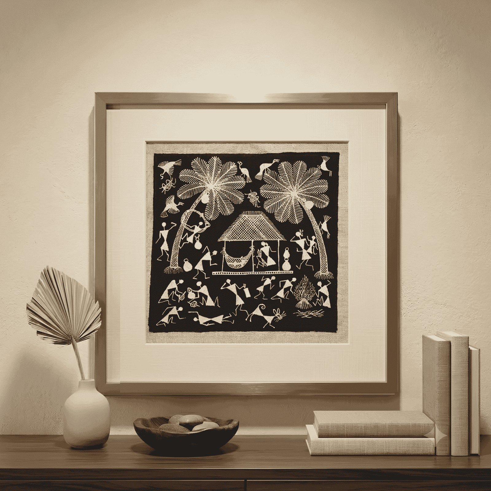 Original Handmade Warli Folk Art Painting – Traditional Tribal Hut with Cradle, Palm Trees & Bonfire Scene alternate view