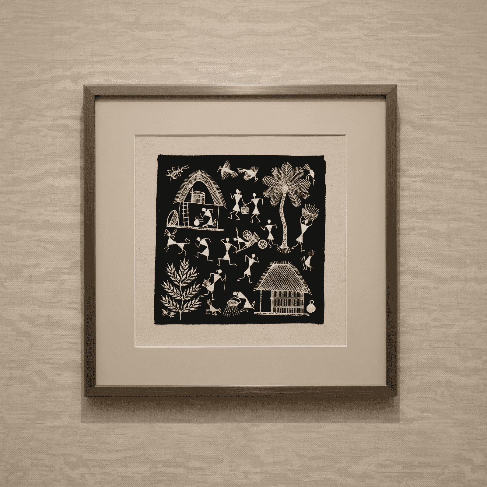 Original Handmade Warli Folk Art Painting – Dual Tribal Huts, Grain Harvest Processing & Village Life Scene