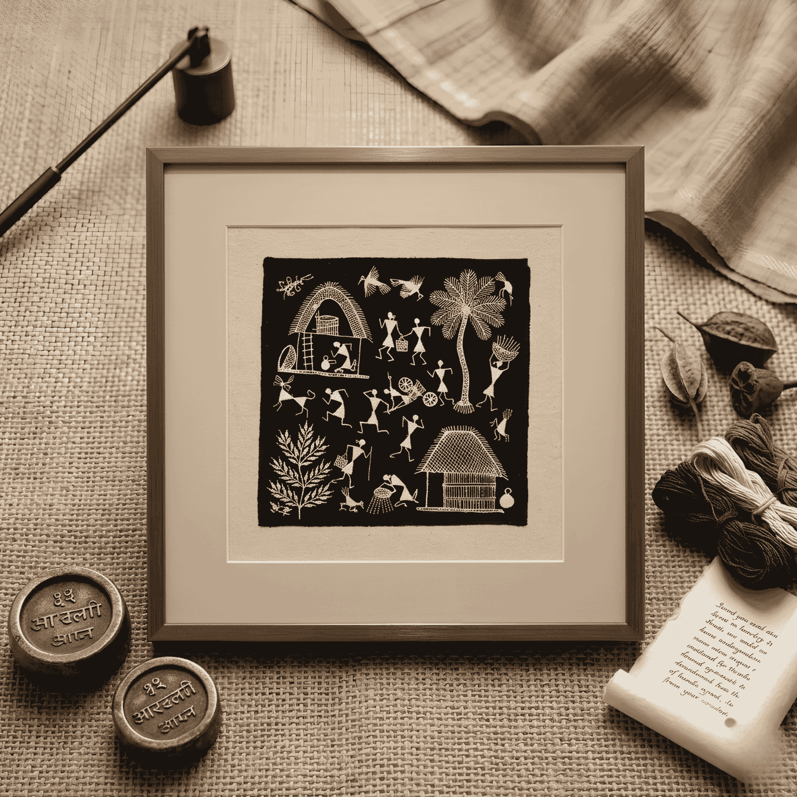Original Handmade Warli Folk Art Painting – Dual Tribal Huts, Grain Harvest Processing & Village Life Scene alternate view