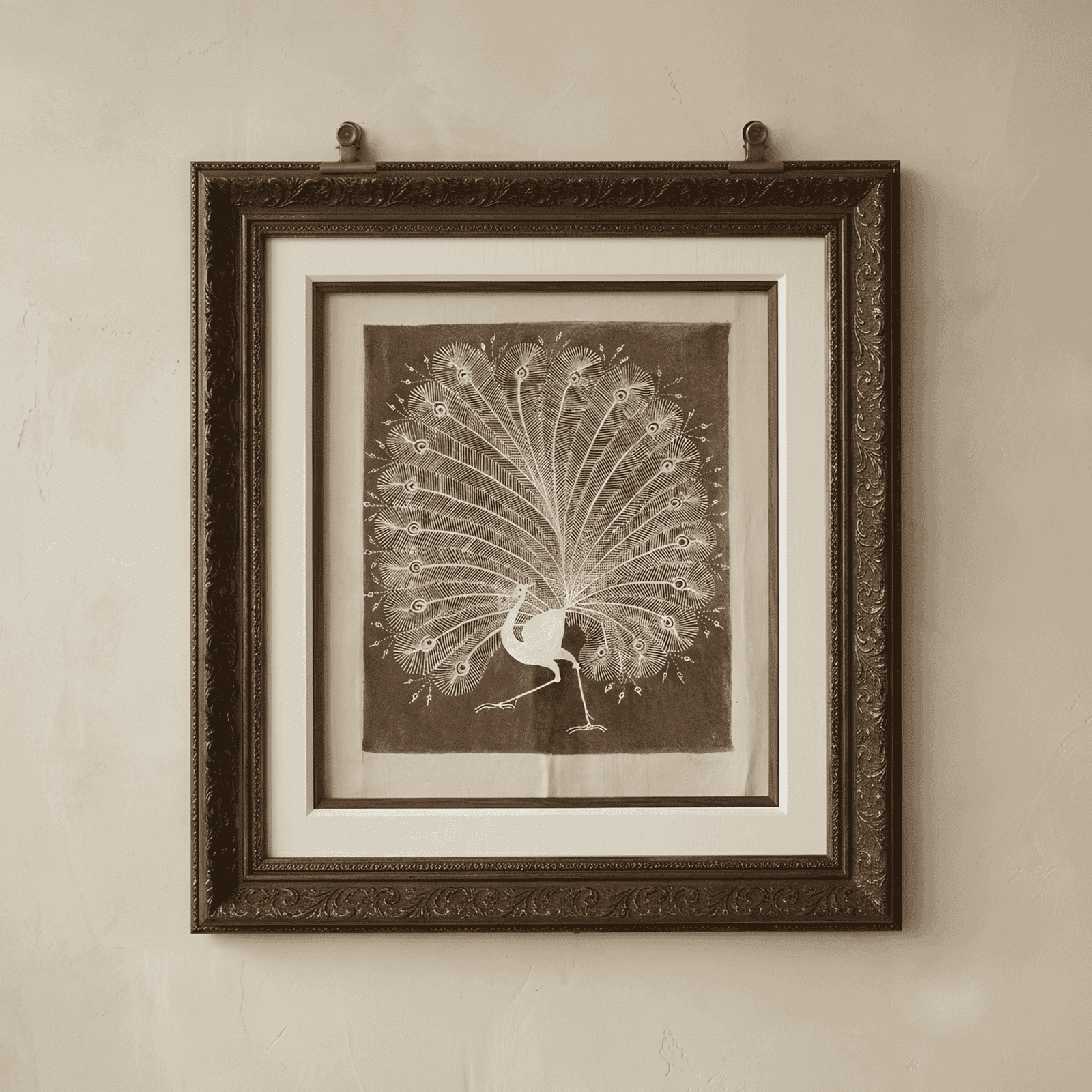 Original Handmade Warli Folk Art Painting – Majestic Dancing Peacock with Plume Display Wall Decor