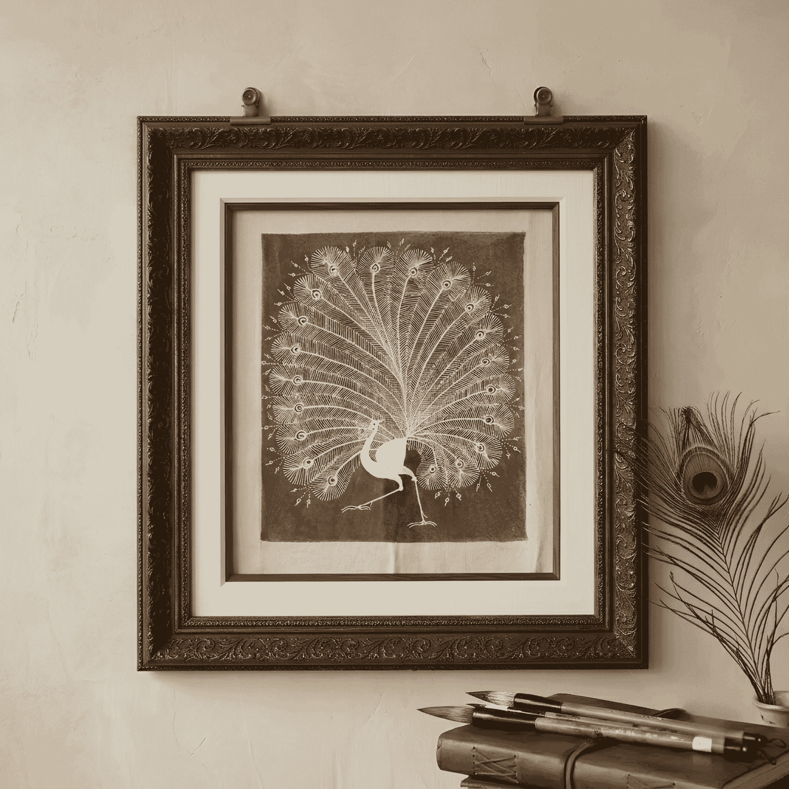 Original Handmade Warli Folk Art Painting – Majestic Dancing Peacock with Plume Display Wall Decor alternate view
