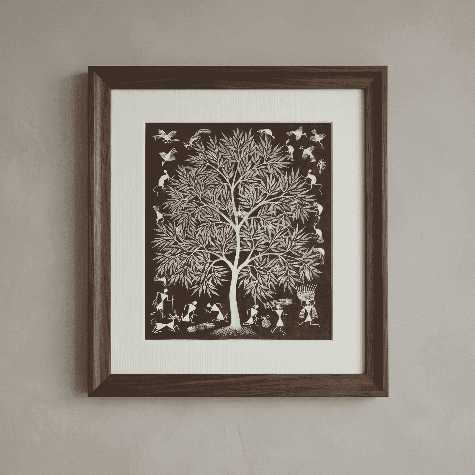Original Handmade Warli Folk Art Painting – Sacred Forest Tree of Life