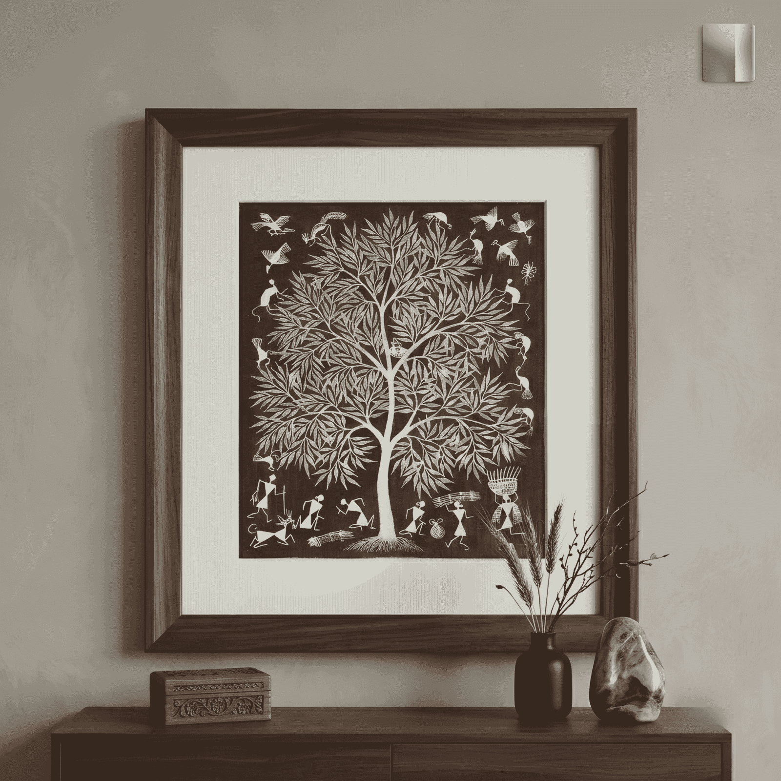 Original Handmade Warli Folk Art Painting – Sacred Forest Tree of Life alternate view