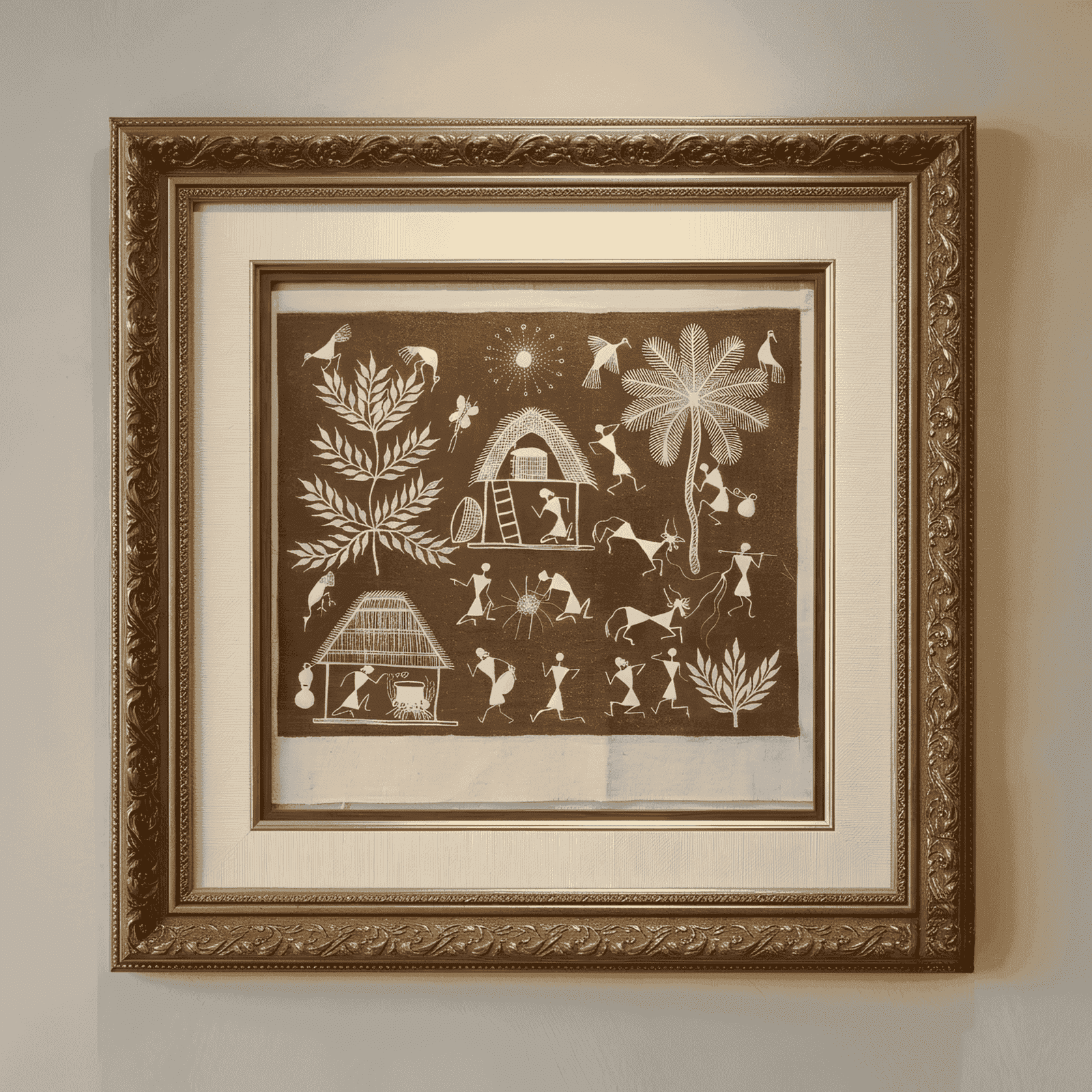 Original Handmade Warli Folk Art Painting – Dual Tribal Huts, Village Kitchen Cooking Scene & Harvest Celebration
