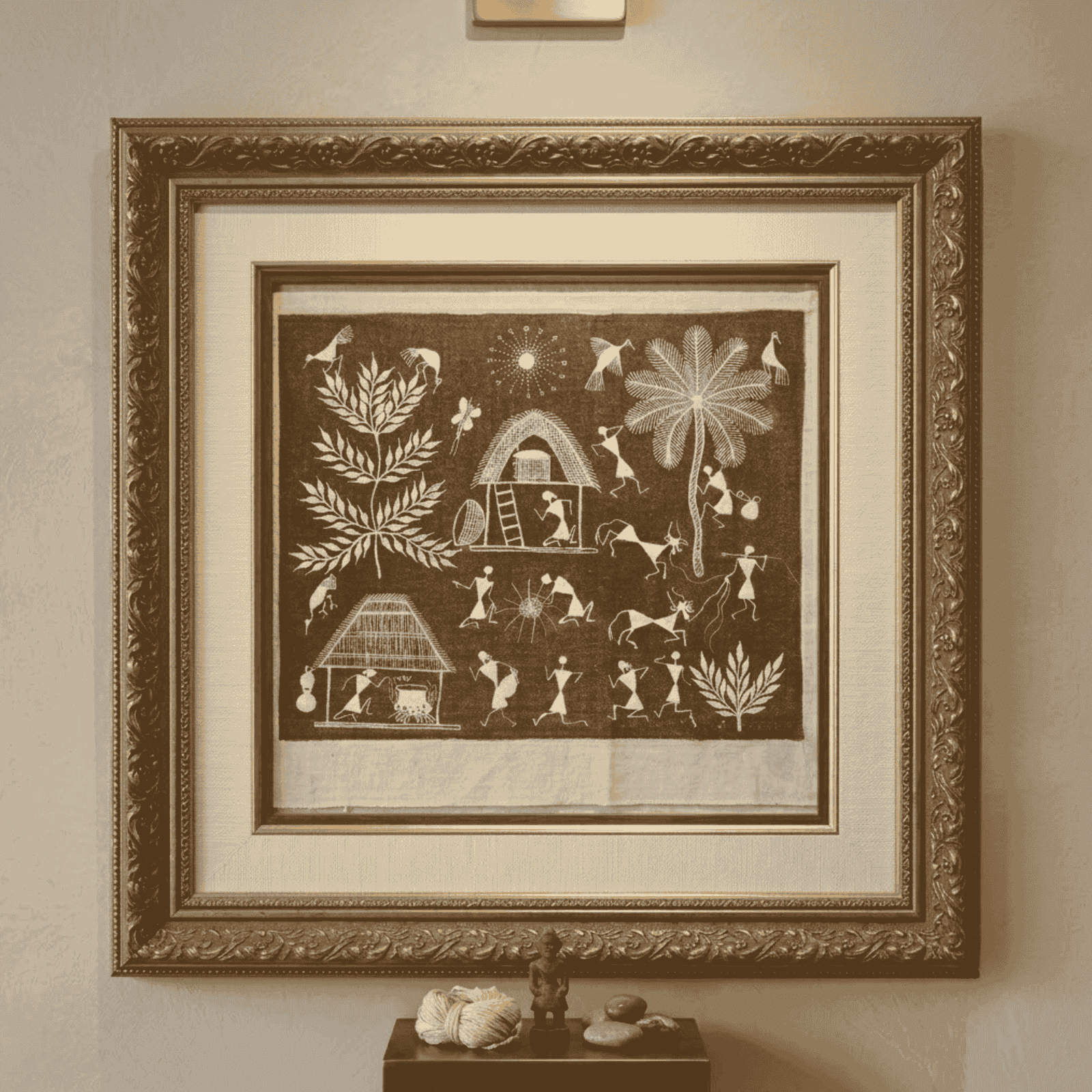 Original Handmade Warli Folk Art Painting – Dual Tribal Huts, Village Kitchen Cooking Scene & Harvest Celebration alternate view