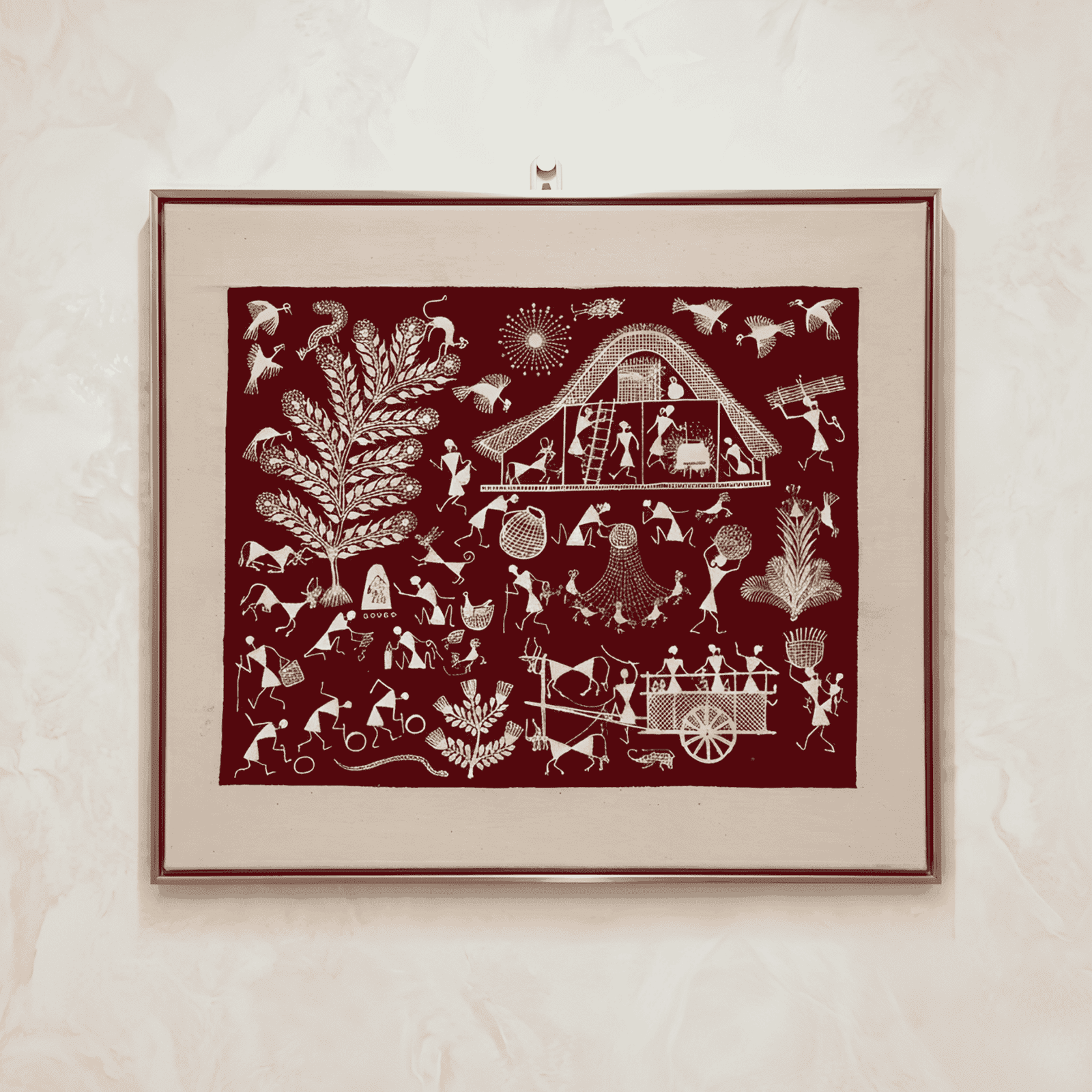 Original Handmade Warli Masterpiece Painting – Large Tribal Village Life, Communal Longhouse & Harvest Festival Scene