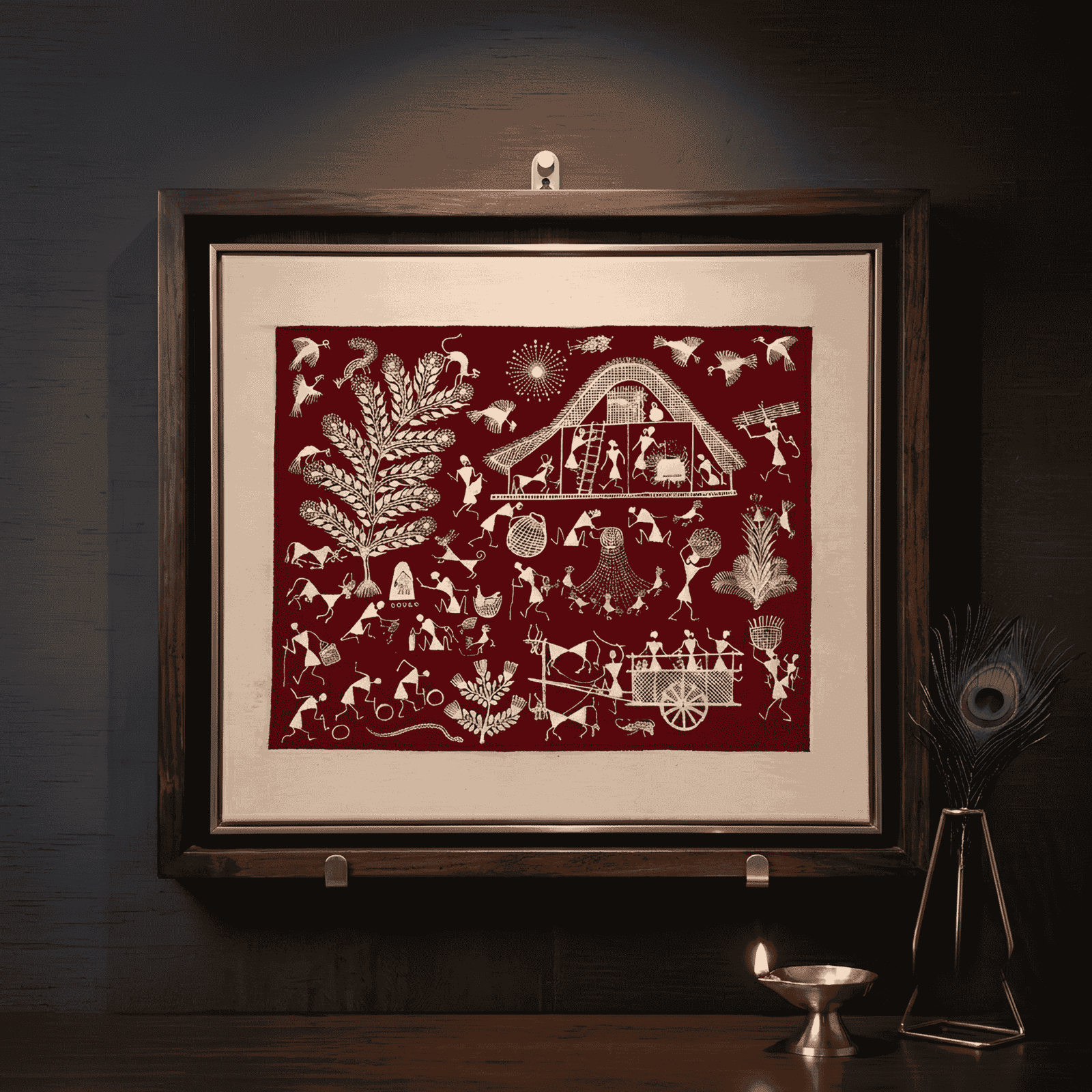 Original Handmade Warli Masterpiece Painting – Large Tribal Village Life, Communal Longhouse & Harvest Festival Scene alternate view