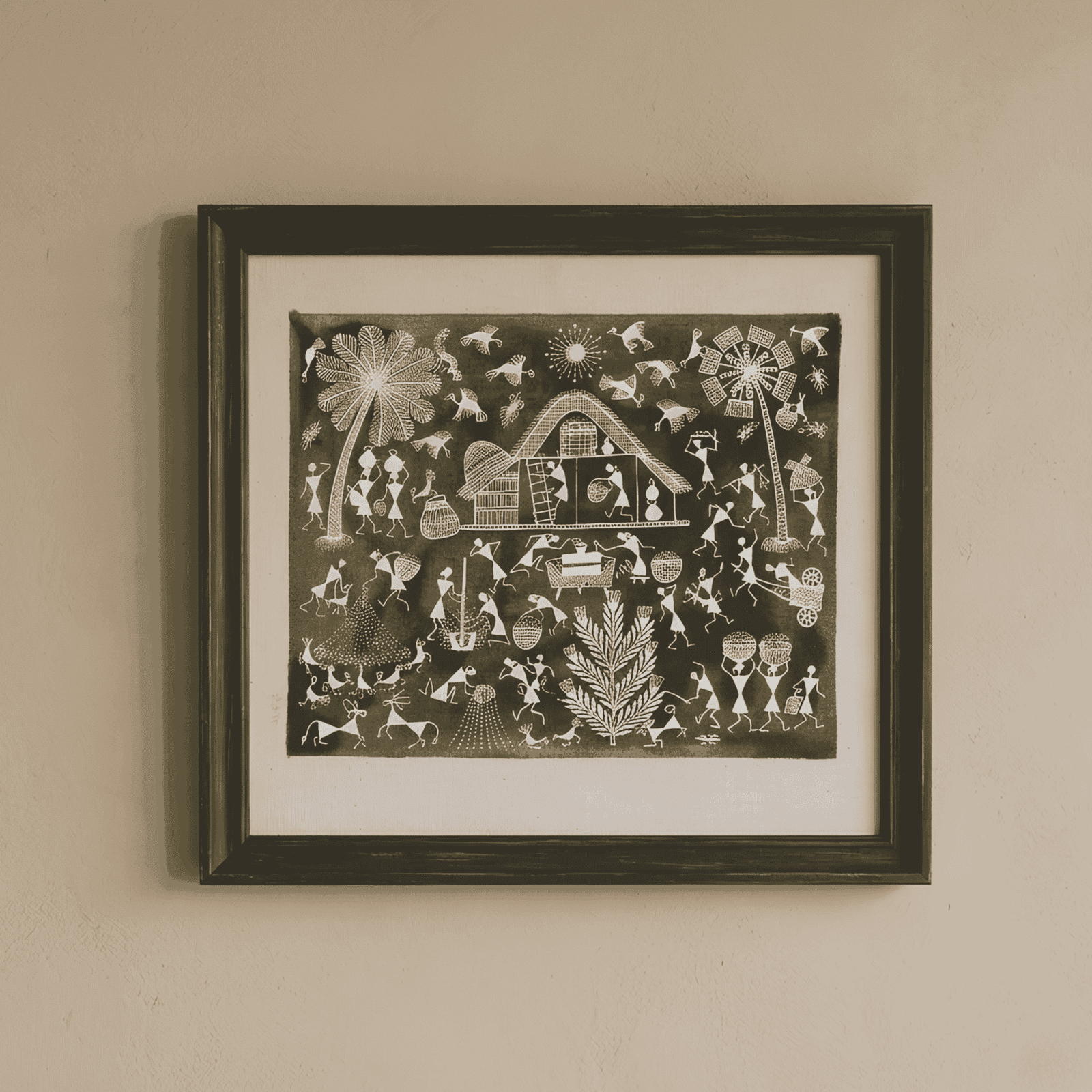 Original Handmade Warli Folk Art Painting – Olive Green Village Landscape, Harvest Threshing Ground & Tribal Architecture Wall Art
