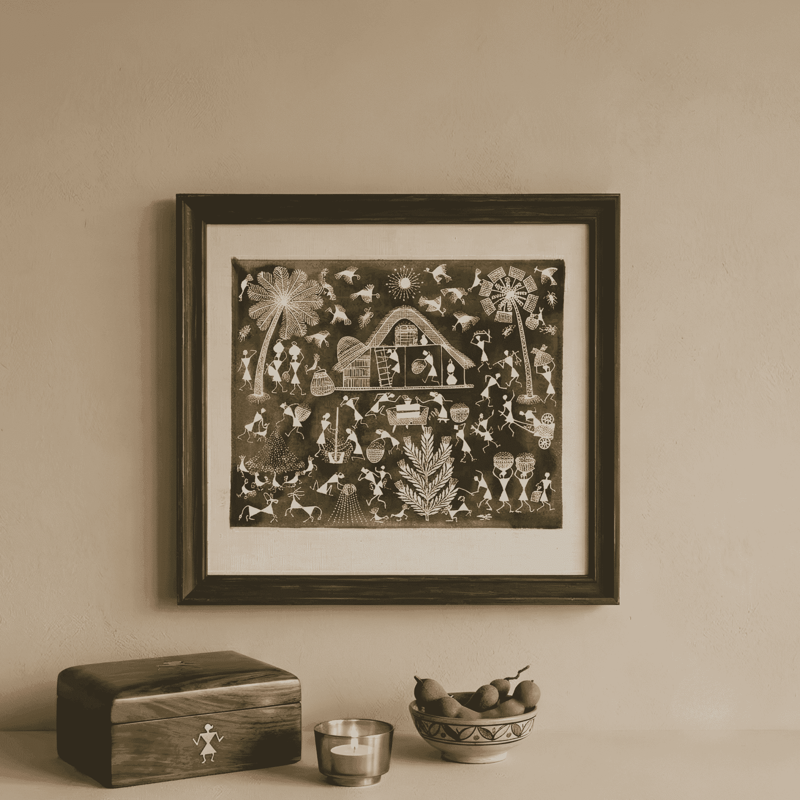 Original Handmade Warli Folk Art Painting – Olive Green Village Landscape, Harvest Threshing Ground & Tribal Architecture Wall Art alternate view