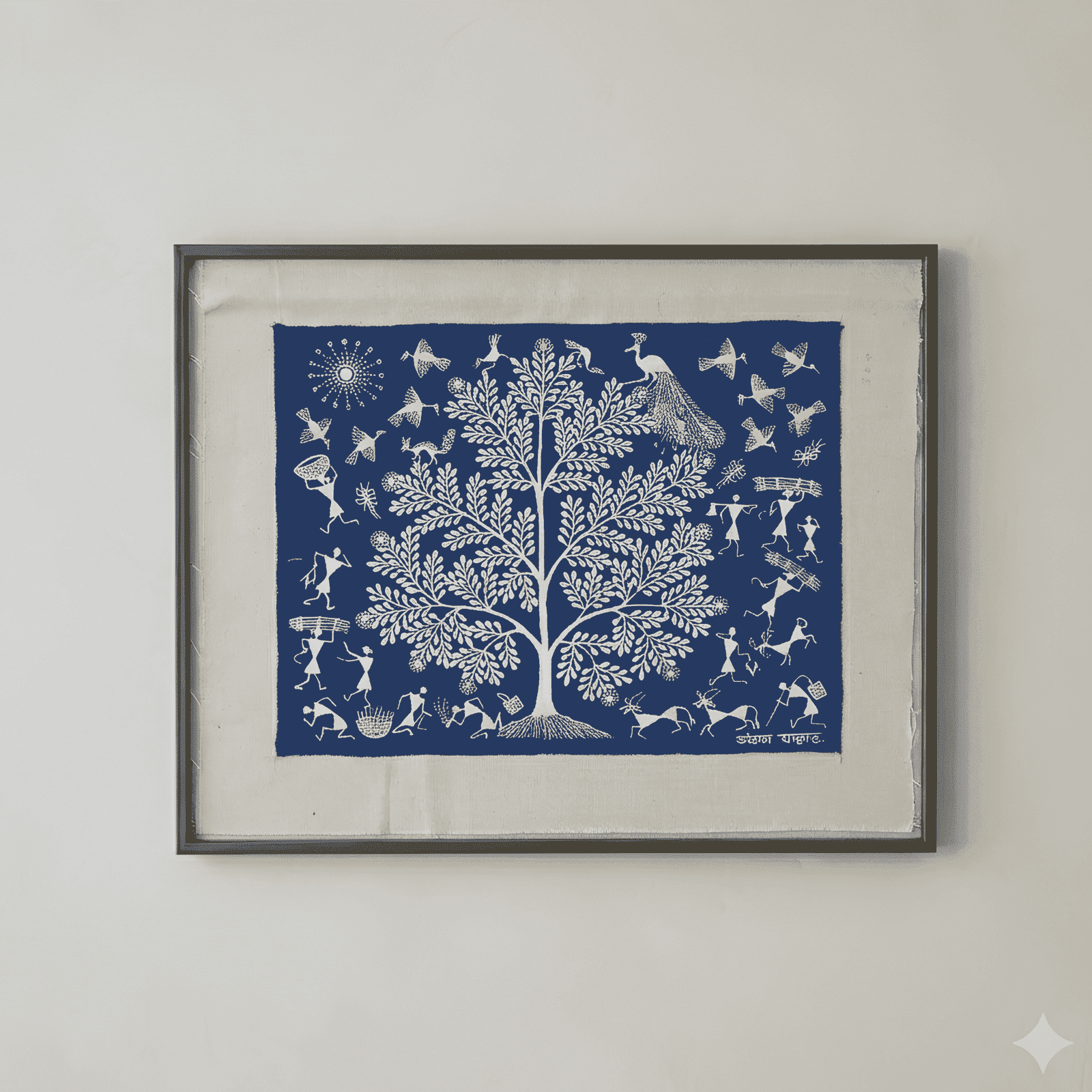 Original Handmade Warli Folk Art Painting – Indigo Blue Tree of Life with Peacock & Tribal Wood Gathering Scene
