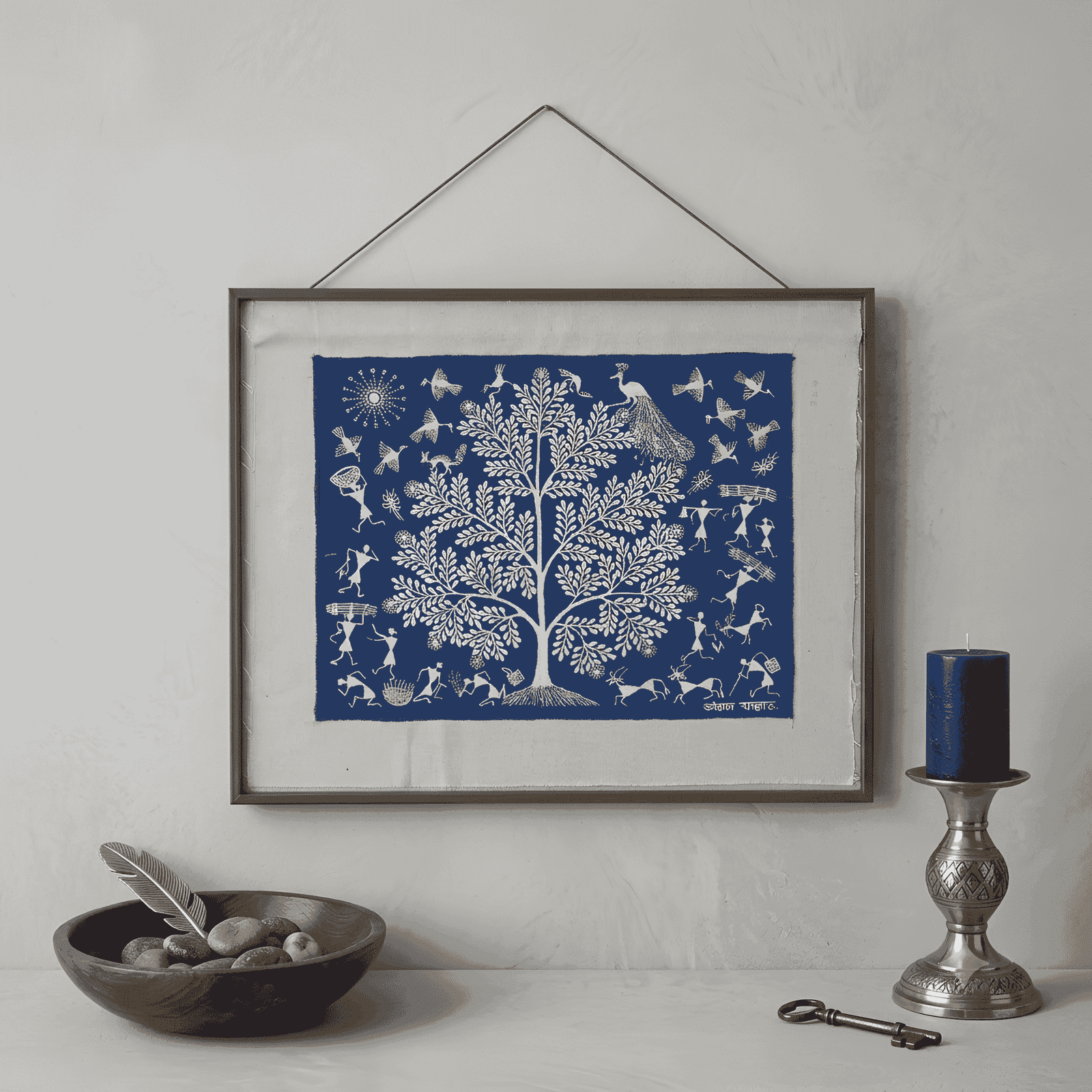Original Handmade Warli Folk Art Painting – Indigo Blue Tree of Life with Peacock & Tribal Wood Gathering Scene alternate view
