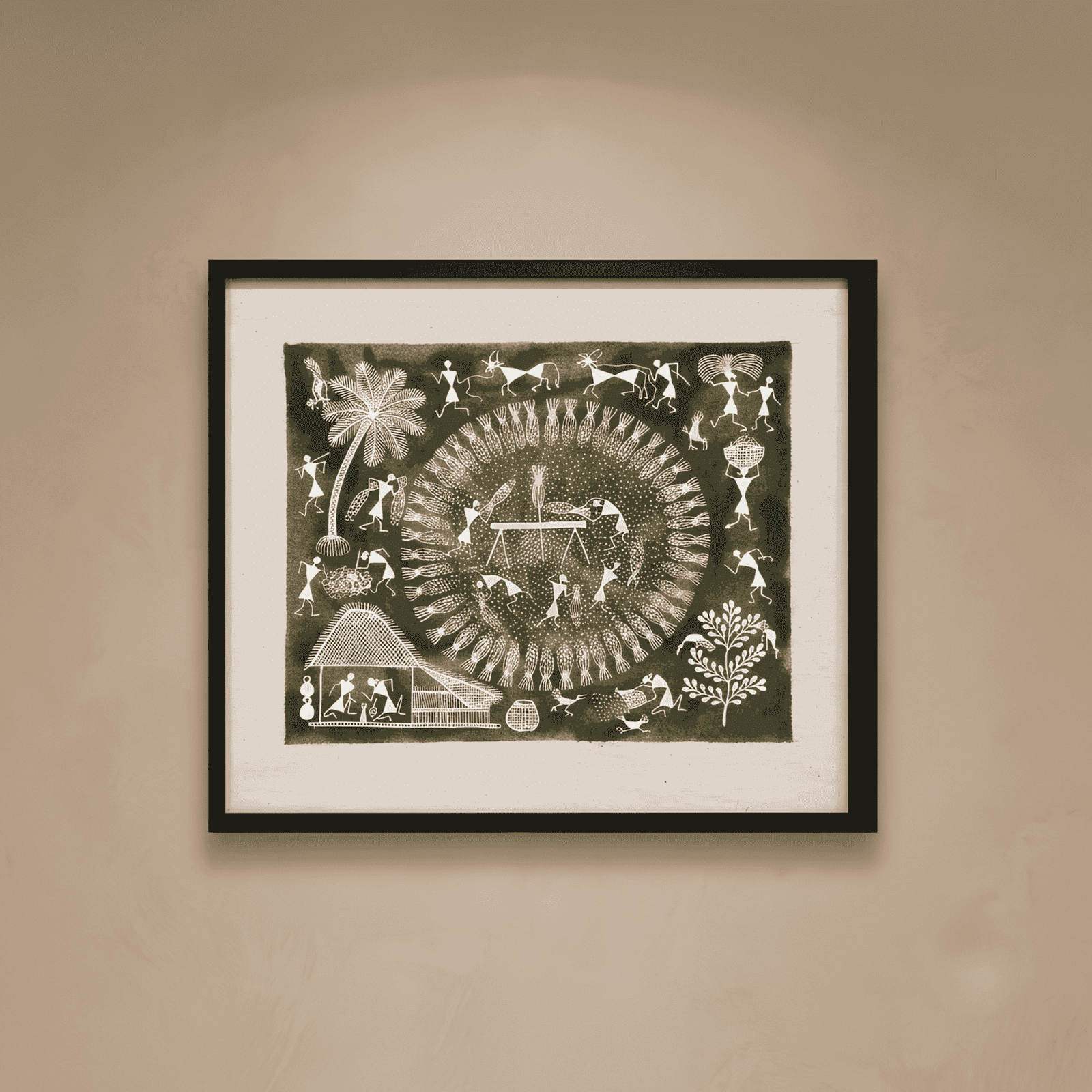 Original Handmade Warli Folk Art Painting – Indigo Blue Sacred Tree of Life & Musicians Scene