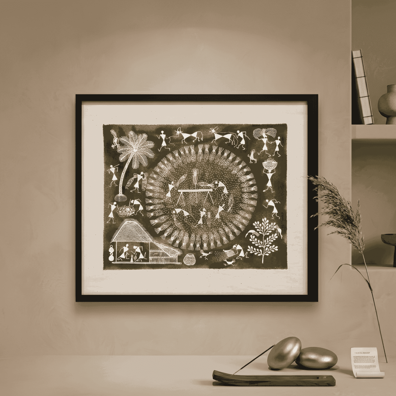 Original Handmade Warli Folk Art Painting – Indigo Blue Sacred Tree of Life & Musicians Scene alternate view