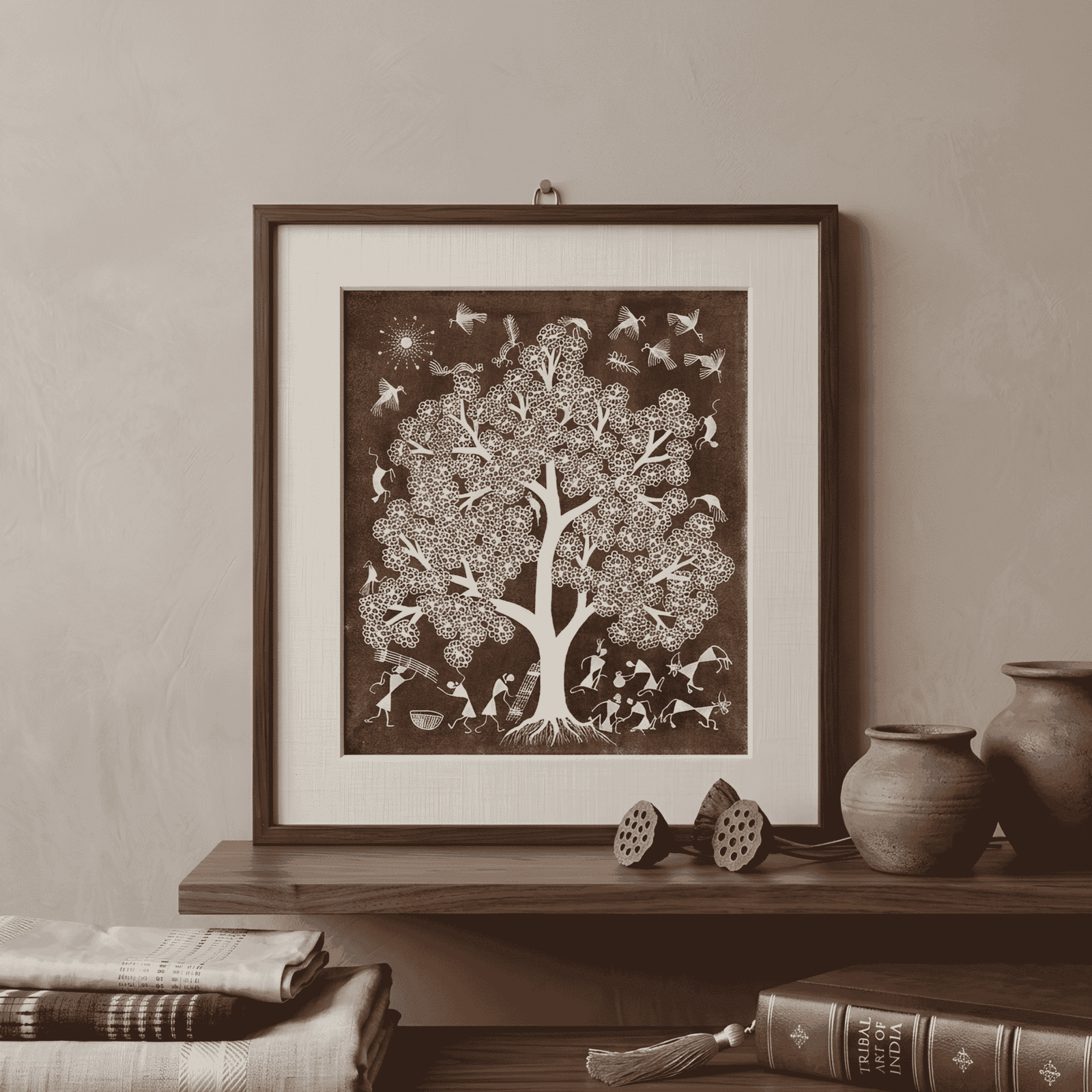 Authentic Warli Tree of Life Painting on Canvas by Sanjay Parhad – Traditional Indian Folk Art for Home Wall Decor alternate view