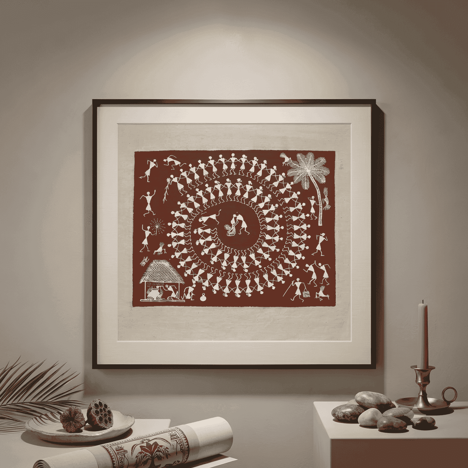 Authentic Warli Tarpa Dance Painting on Canvas by Sanjay Parhad – Traditional Indian Folk Art, Red Terracotta Wall Art alternate view