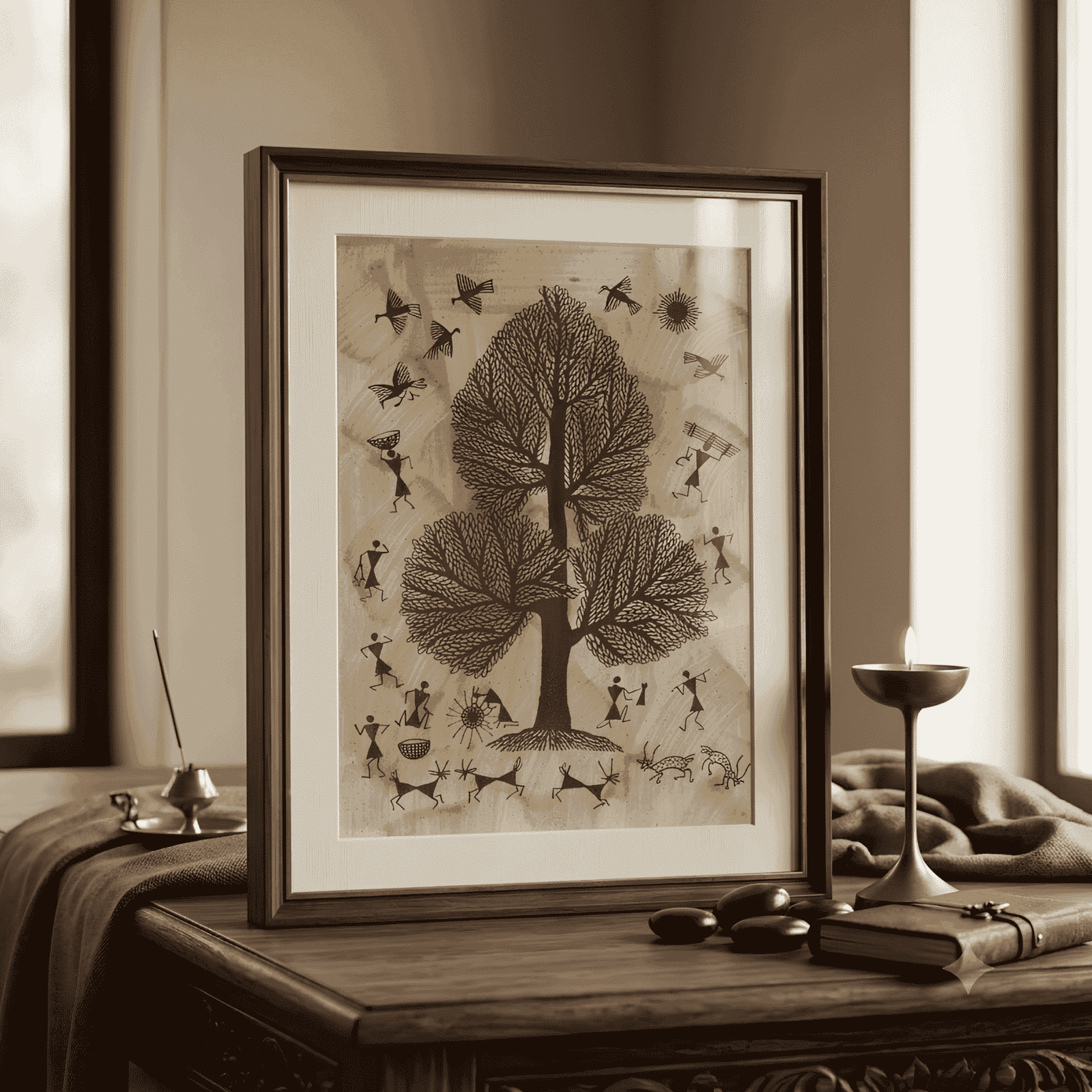 Authentic Warli Sacred Tree of Life Painting alternate view