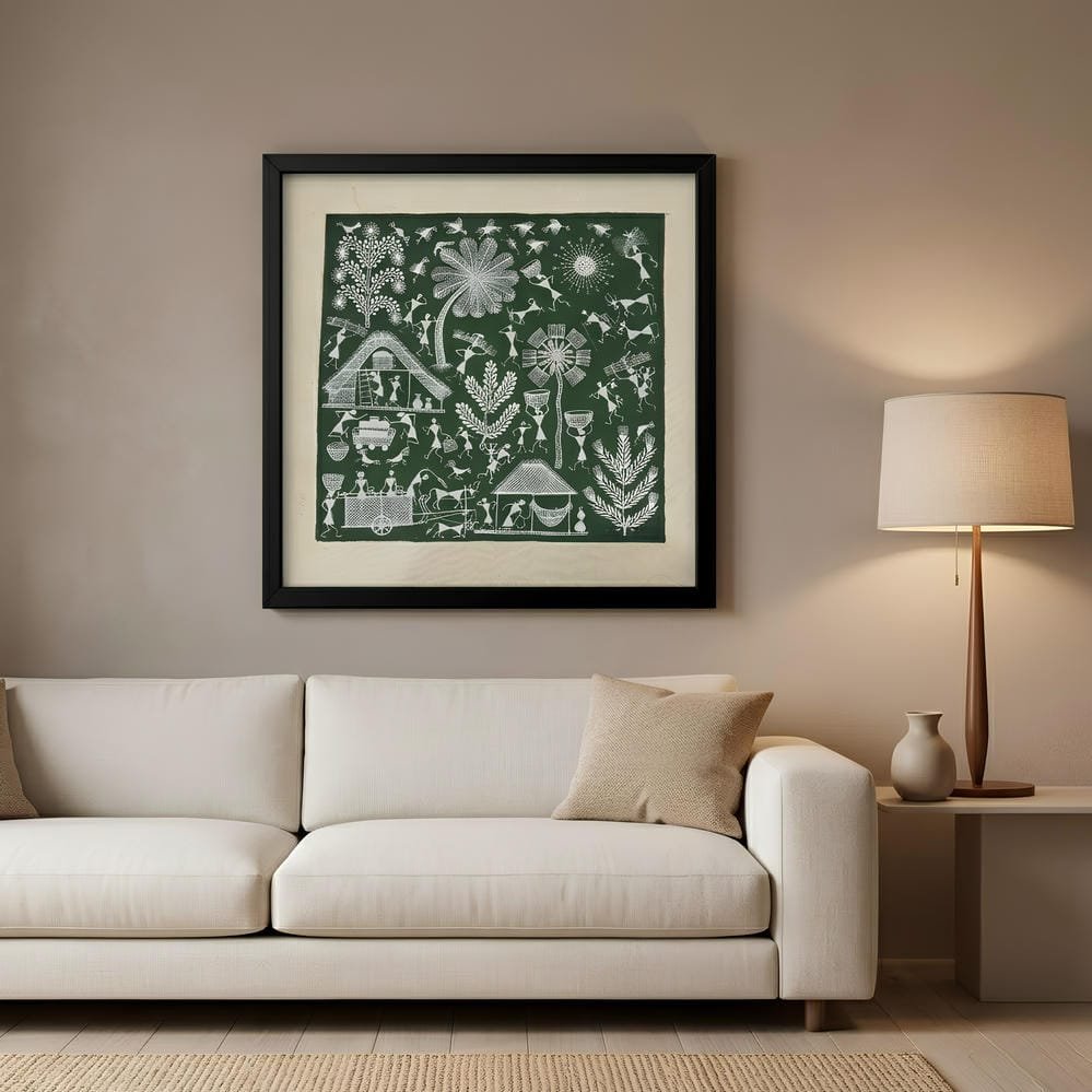 Handmade Warli Painting - Traditional Village Life